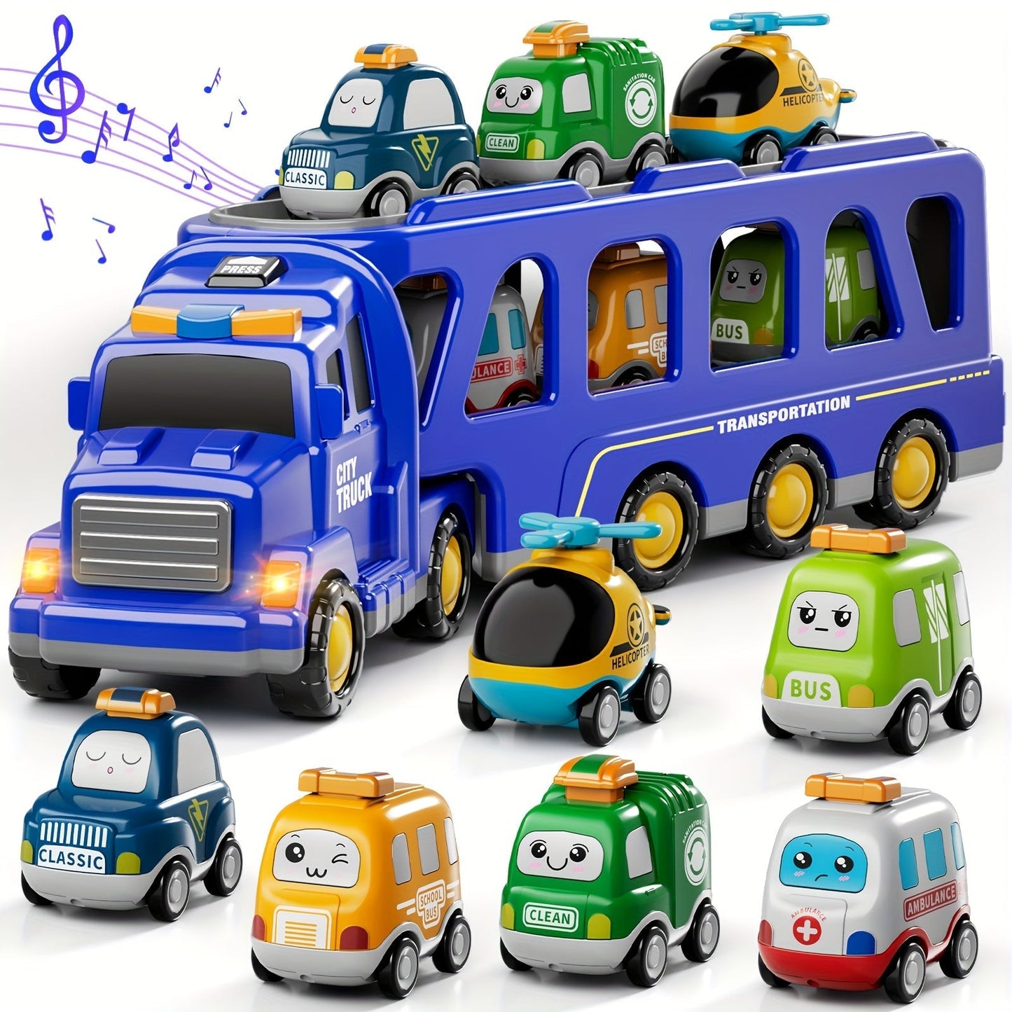 Transport Construction Truck Toy for Boys, 16.9 Inch Large Carrier Truck with 6 Cars, Lights & Sounds