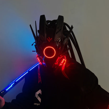 LED Cyberpunk Samurai Mask with Braids, Futuristic Sci-Fi Mechanical Face Mask for Halloween, Cosplay