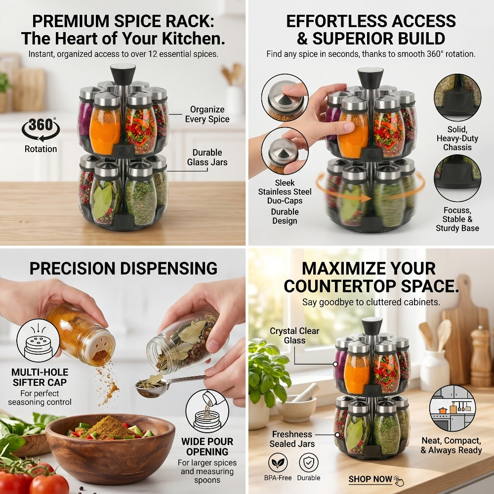 Glass Spice Jar Set with Rotating Rack, Airtight Kitchen Spice Organizer with 360° Stainless Steel Stand
