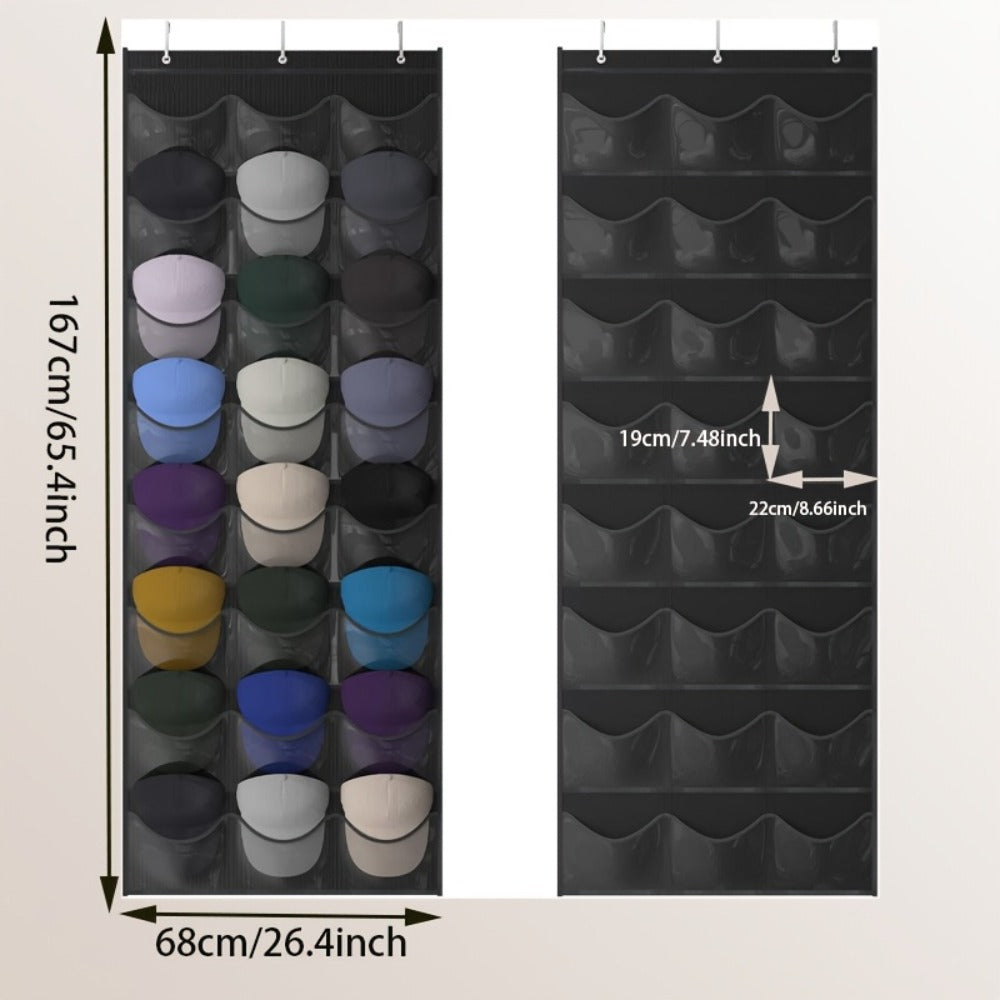 Over the Door Hat Organizer 24 Pocket - Baseball Cap Rack with Large Clear Pockets for Entryways, Bedrooms and Living Spaces