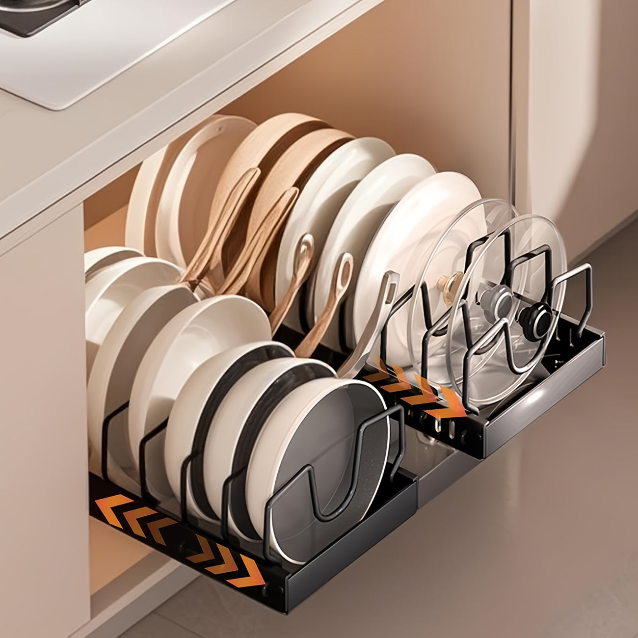 Pull-Out Pot and Pan Lid Rack Cabinet Sliding Storage Organizer – Kitchen Cabinet Slide-Out Box with 8/16 Adjustable Dividers for Lids