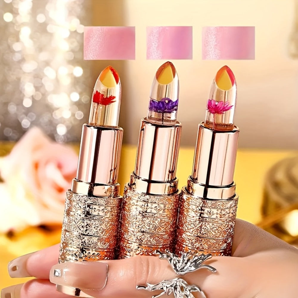 Color Changing Lip Gloss Set 3 Pcs, Temperature Magic Pink Tint Crystal Jelly Balm & Lipstick, Plant Squalane Lip Makeup