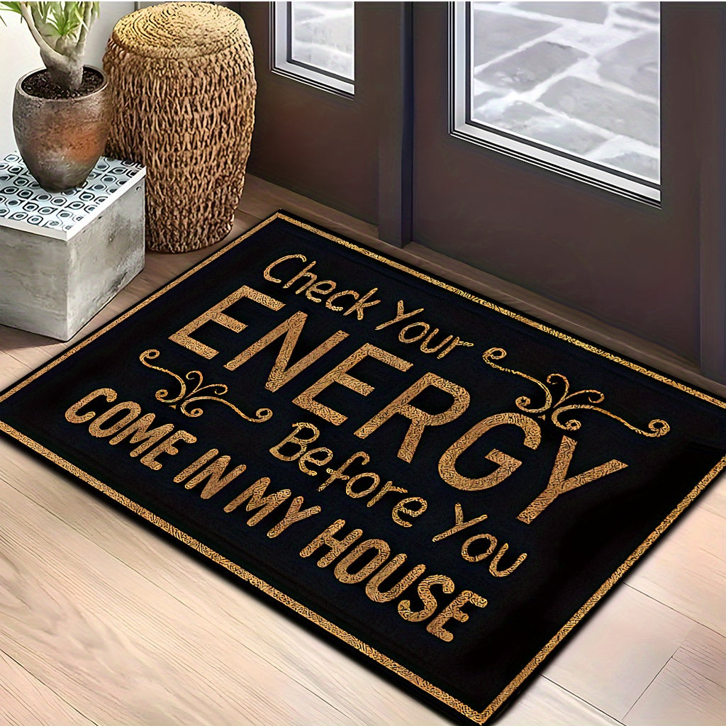 Black-and-Gold Check Your Energy Lettered Doormat in 16 x 24, 20 x 30 or 17 x 47-Inch Sizes