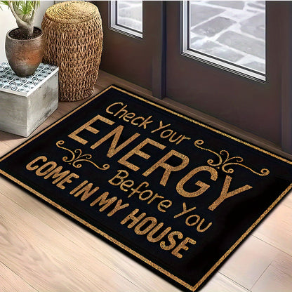 Black-and-Gold Check Your Energy Lettered Doormat in 16 x 24, 20 x 30 or 17 x 47-Inch Sizes