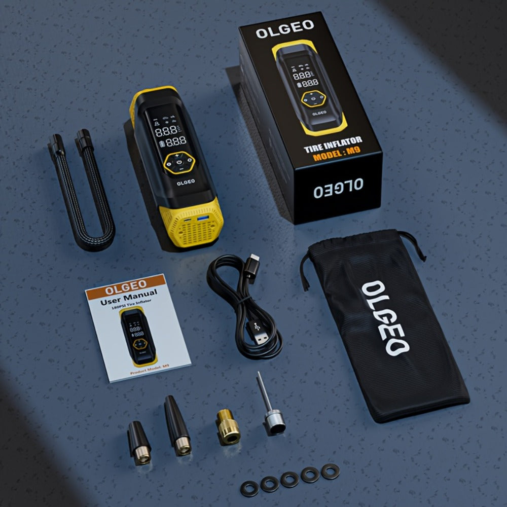 OLGEO M9 180 PSI Cordless Tire Inflator with 8000mAh Battery, Digital Gauge, LED Light and Nozzle Set