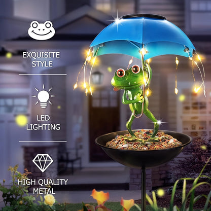 Solar Frog Statue Garden Light with Bird Feeder & LED String Decor, for Garden, Pathway and Patio Lighting