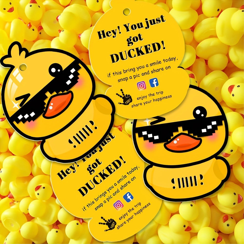 Duck Duck Ducked Party Game Cards 50 Pack, Printed Yellow Duck Tags with Round Hole & Rubber Bands