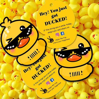 Duck Duck Ducked Party Game Cards 50 Pack, Printed Yellow Duck Tags with Round Hole & Rubber Bands