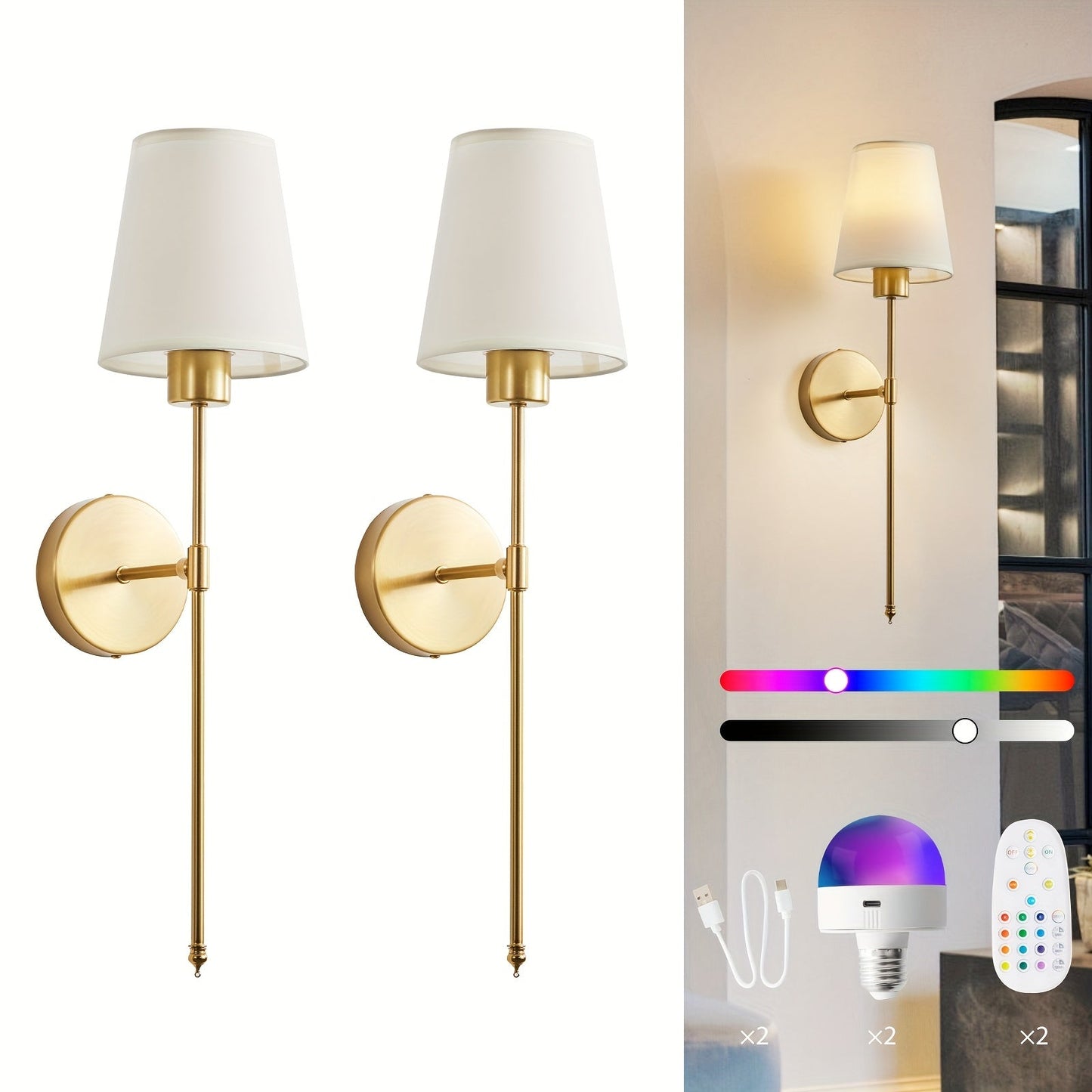 Rechargeable Two-Piece Wall Sconce Set with Fabric Shades, 15-Color RGB Bulbs and Remote in Gold or Black