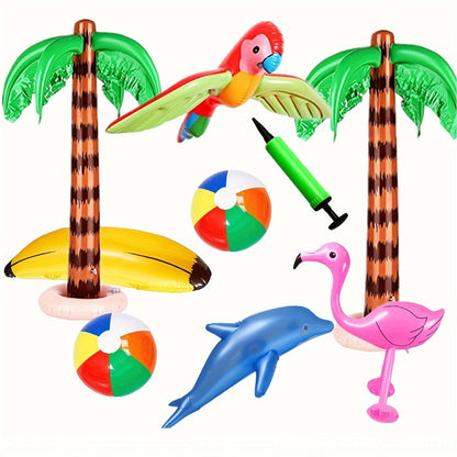 Hawaiian Party Decorations Inflatable Set 9 Pieces - Coconut Trees Beach Balls Flamingo Parrot Dolphin Banana with Pump
