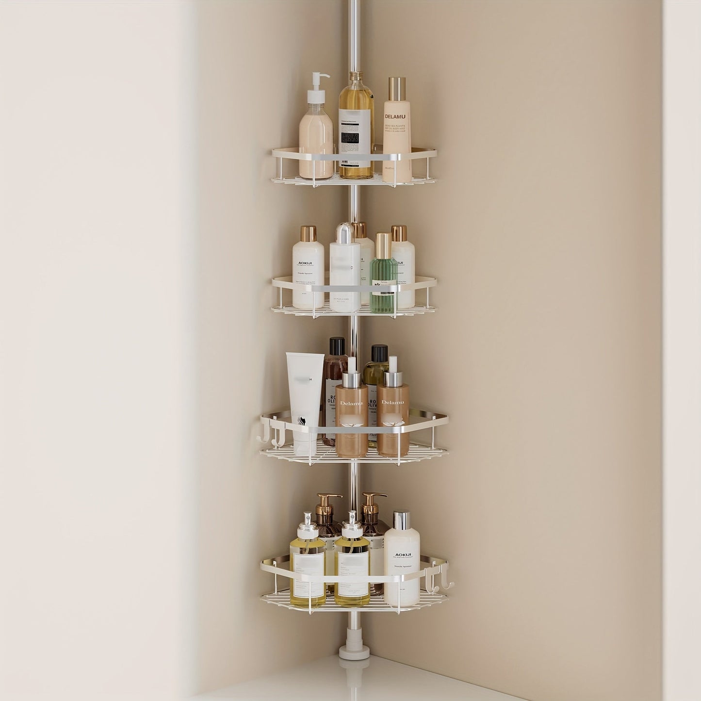 Corner Shower Caddy Tension Pole No Drilling Shower Organizer Shelf with Hooks for Bathroom for Bath Time, Home Spa and Personal Care