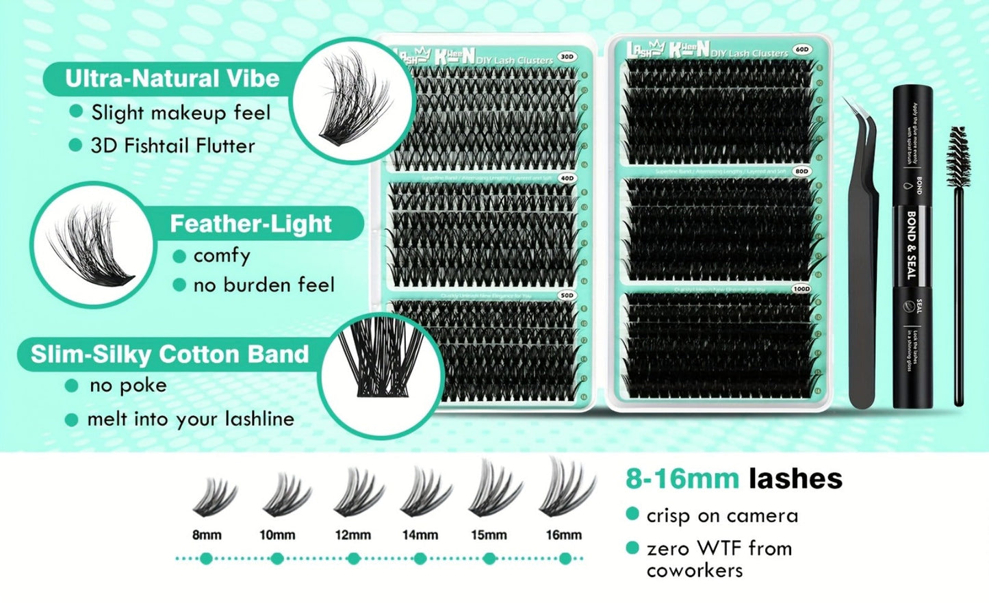 Lash Clusters Kit 708Pcs with Tweezers, Glue & Brush – Soft Silky Fiber False Eyelashes Full Voluminous DIY Lash Extension Set for Party