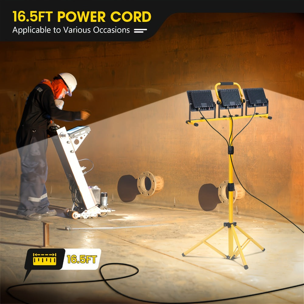 Three-Head Yellow LED Tripod Work Light with Detachable Lamps, Adjustable Stand and 16.5-Foot Cord