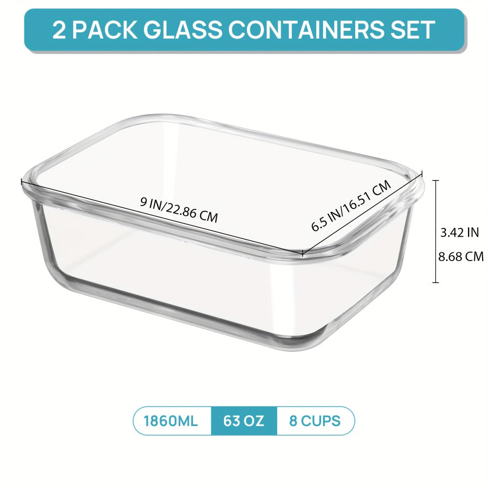Food Storage Containers Two-Pack 63 oz Borosilicate Glass Set with Hinged Lids in Green or Gray
