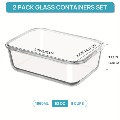 Food Storage Containers Two-Pack 63 oz Borosilicate Glass Set with Hinged Lids in Green or Gray
