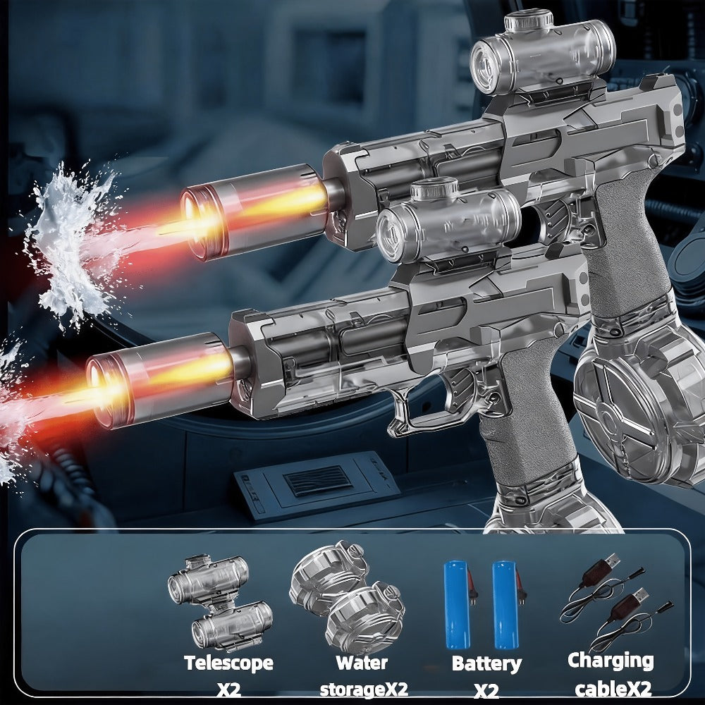 Two-Piece Electric Water Blaster Set with Lighted Sights, Rechargeable Batteries and Three Pairings