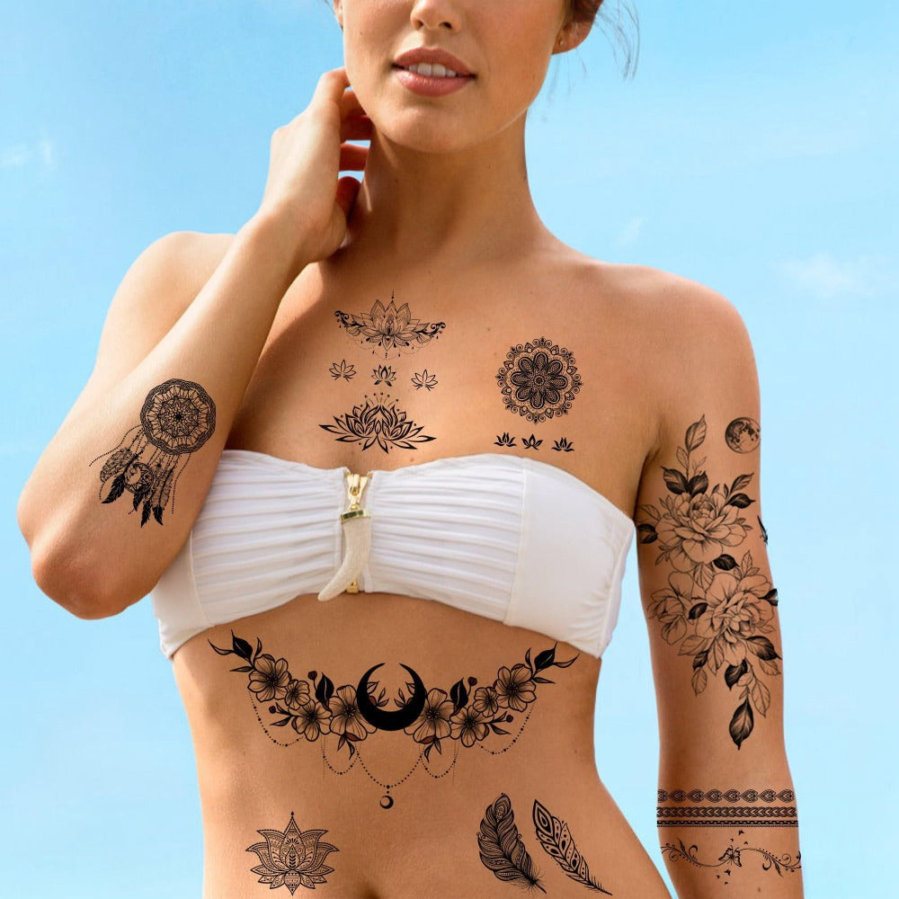Temporary Tattoos, 10-Sheet Large Black Body Art Set with 60-Plus Floral, Ornamental and Symbol Motifs