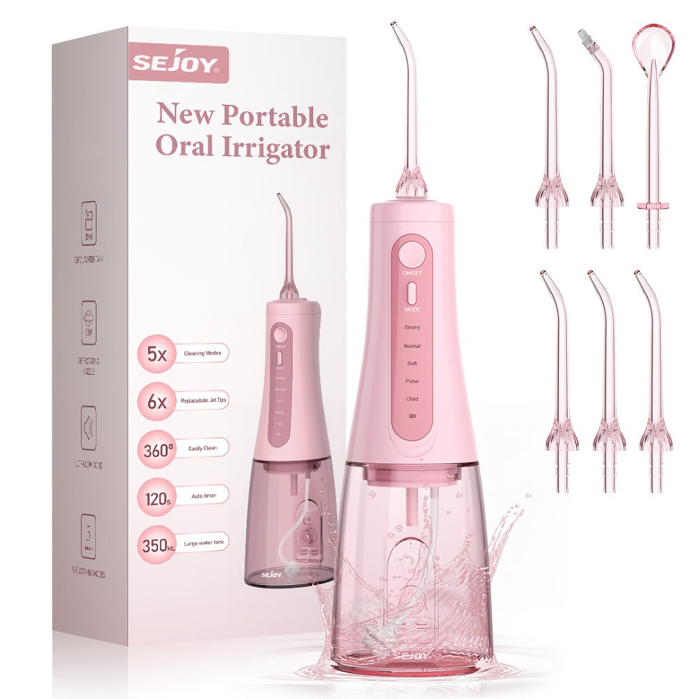 Water Flosser SEJOY AOW11 Cordless Oral Irrigator with 350ml Tank, Five Modes, Six Tips, USB-C Charging and IPX7 Rating