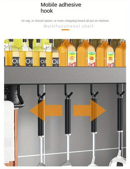 Wall-Mounted Kitchen Organizer with Two Storage Tiers, Knife Slots, Chopstick Cup and Towel Bar