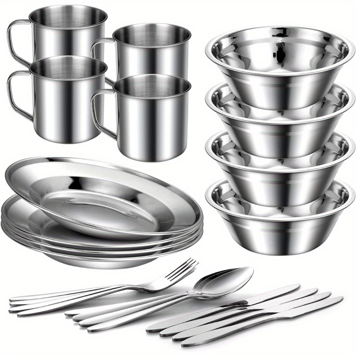 Stainless Steel Camping Mess Kit 29 Piece Dinnerware Set – Plates Bowls Mugs Cutlery, for Camping, Travel and Outdoor Use