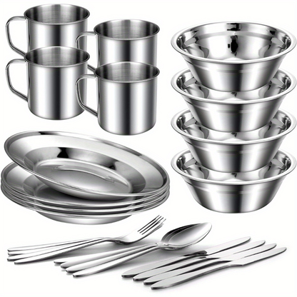 Stainless Steel Camping Mess Kit 29 Piece Dinnerware Set – Plates Bowls Mugs Cutlery, for Camping, Travel and Outdoor Use