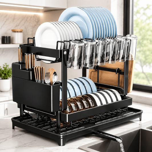 Dish Drying Rack with Drainboard in Gray, White, Black, Single-Layer and Seven-Cup Configurations