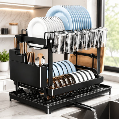 Dish Drying Rack with Drainboard in Gray, White, Black, Single-Layer and Seven-Cup Configurations