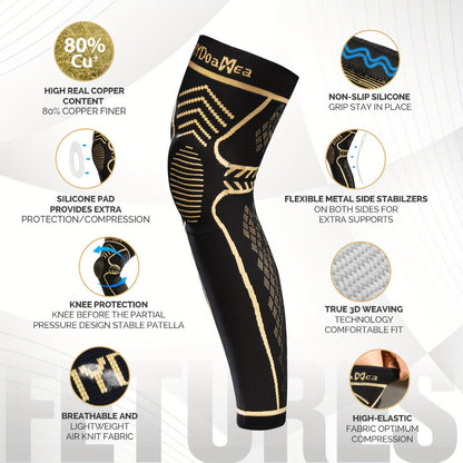 Copper Knee Brace Full Leg Support - Compression Sleeve with Patella Gel Pad & Double Metal Side Stabilizers