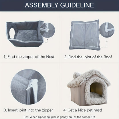 Indoor Dog House Warm Plush Semi-Enclosed – Cozy Cave Bed with Removable Pad & High-Resilience PP Filling | Non-Collapse Dog Kennel