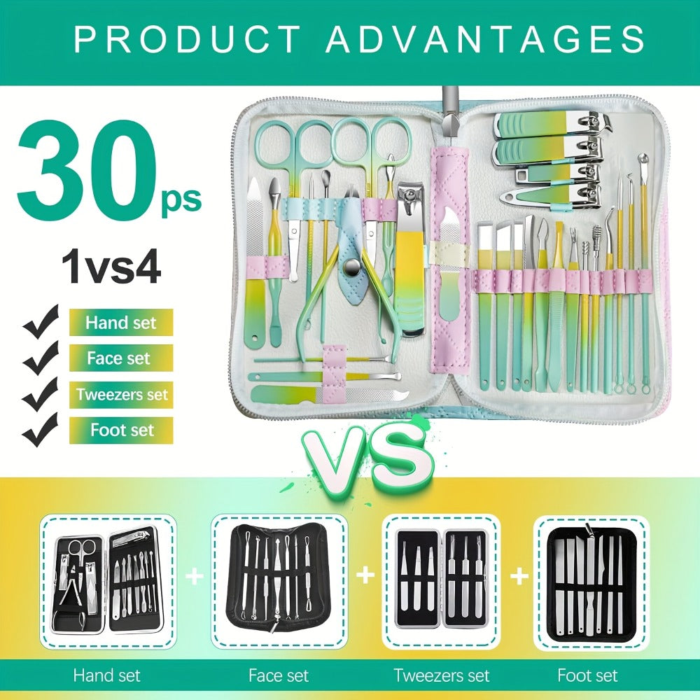 Thirty-Piece Manicure and Pedicure Kit with Gradient Travel Case, Clippers, Scissors and Nail Tools
