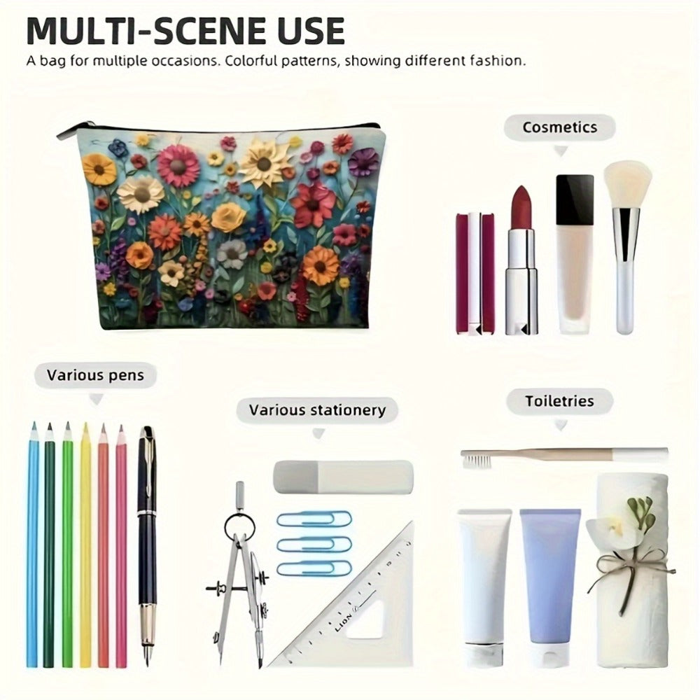 Makeup Bag Four-Piece Daisy Floral Foldable Zipper Pouch Set for Travel, Vanity and Everyday Beauty Storage