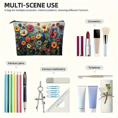 Makeup Bag Four-Piece Daisy Floral Foldable Zipper Pouch Set for Travel, Vanity and Everyday Beauty Storage