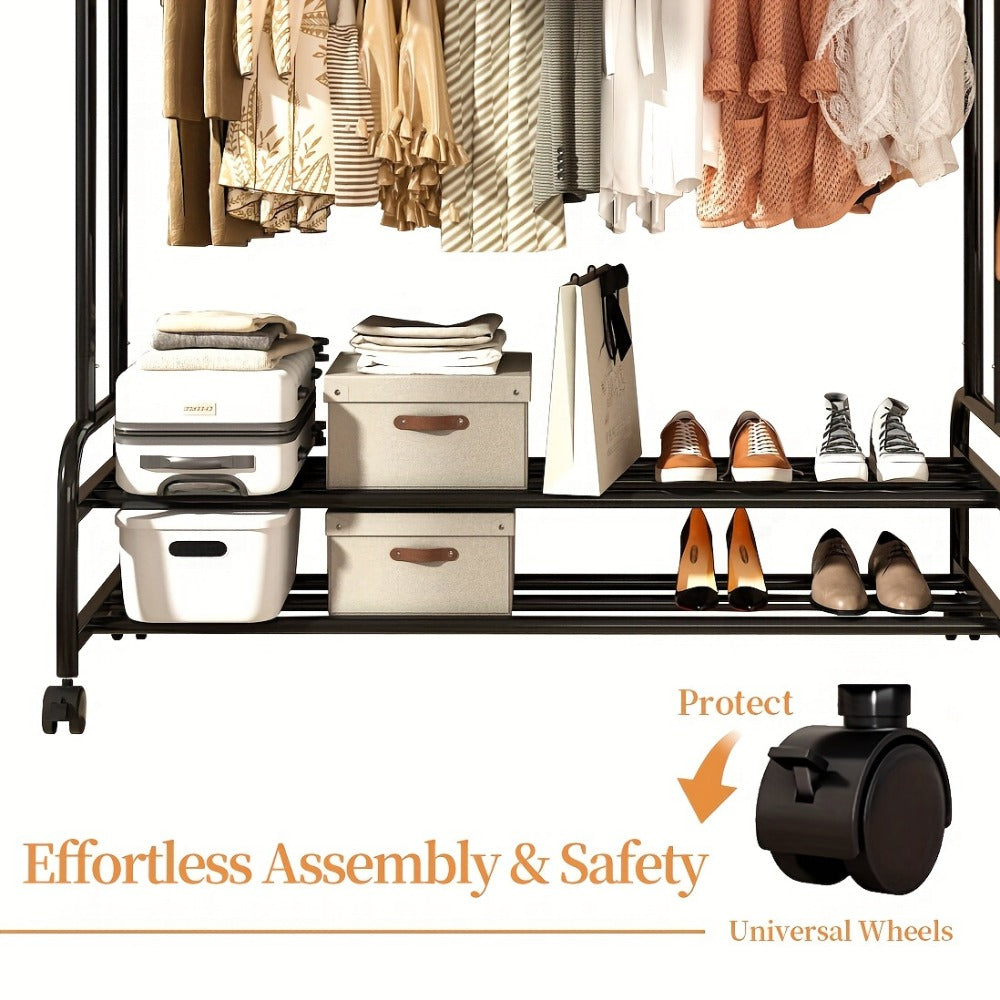 Double Rod Clothes Rack with Wheels Metal Garment Rack with Shelves and Hooks Portable Closet Organizer for Bedroom Living Room Gold