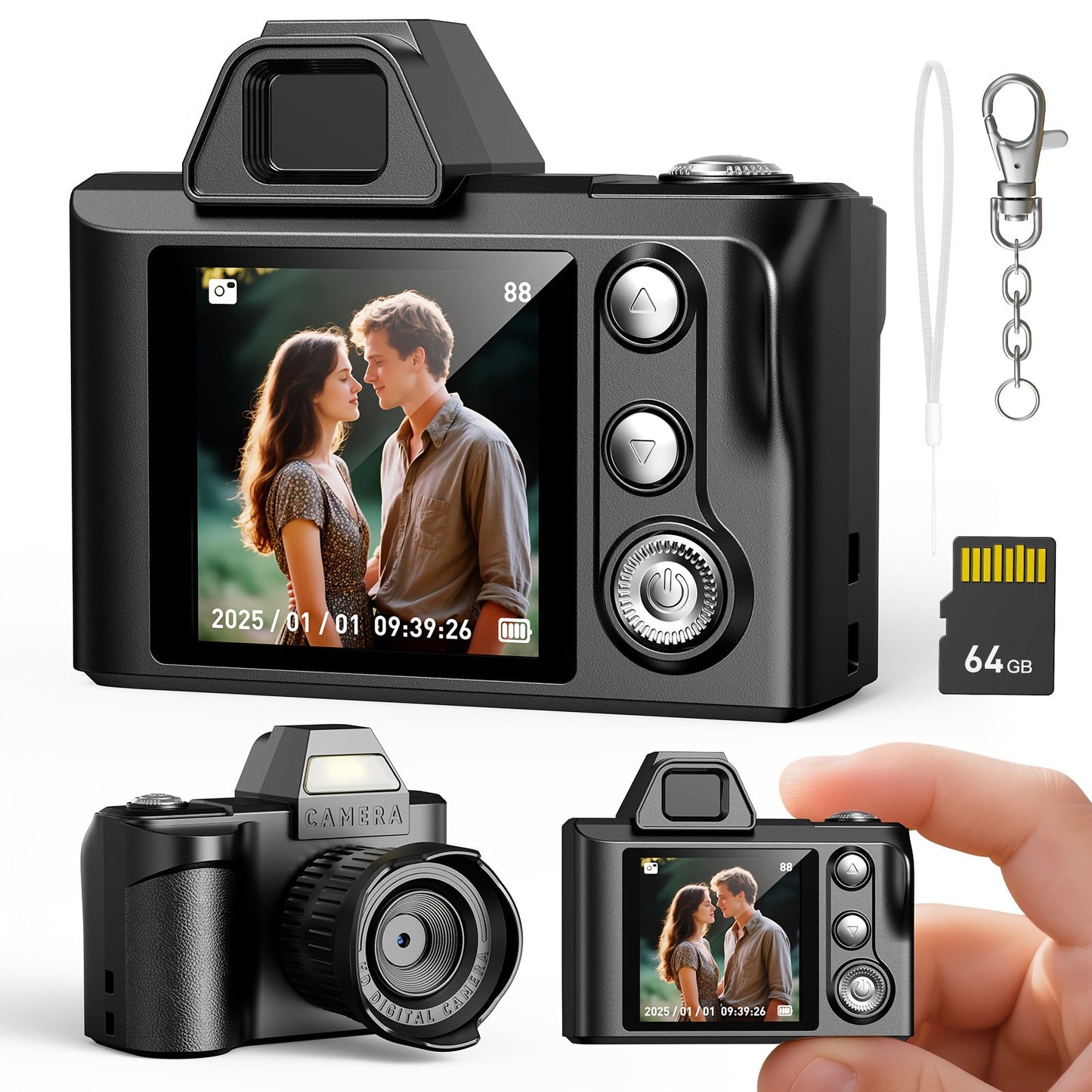 Mini Pocket Camera Retro Vintage Thumb Size with LED Flash, Multiple Filters & 64GB Memory Card