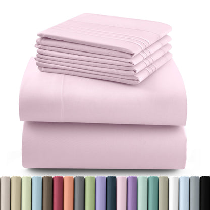 Fitted Sheet Set 6-Piece Brushed Polyester Deep Pocket Bed Sheets 20 Colors Hotel Luxury Bedding with Embroidered Pillowcases