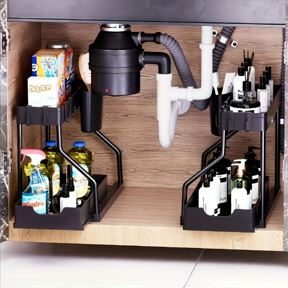 Two-Tier Under-Sink Organizer with Lower Sliding Basket, Four Removable Hooks and One Hanging Cup