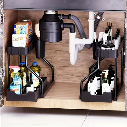 Two-Tier Under-Sink Organizer with Lower Sliding Basket, Four Removable Hooks and One Hanging Cup