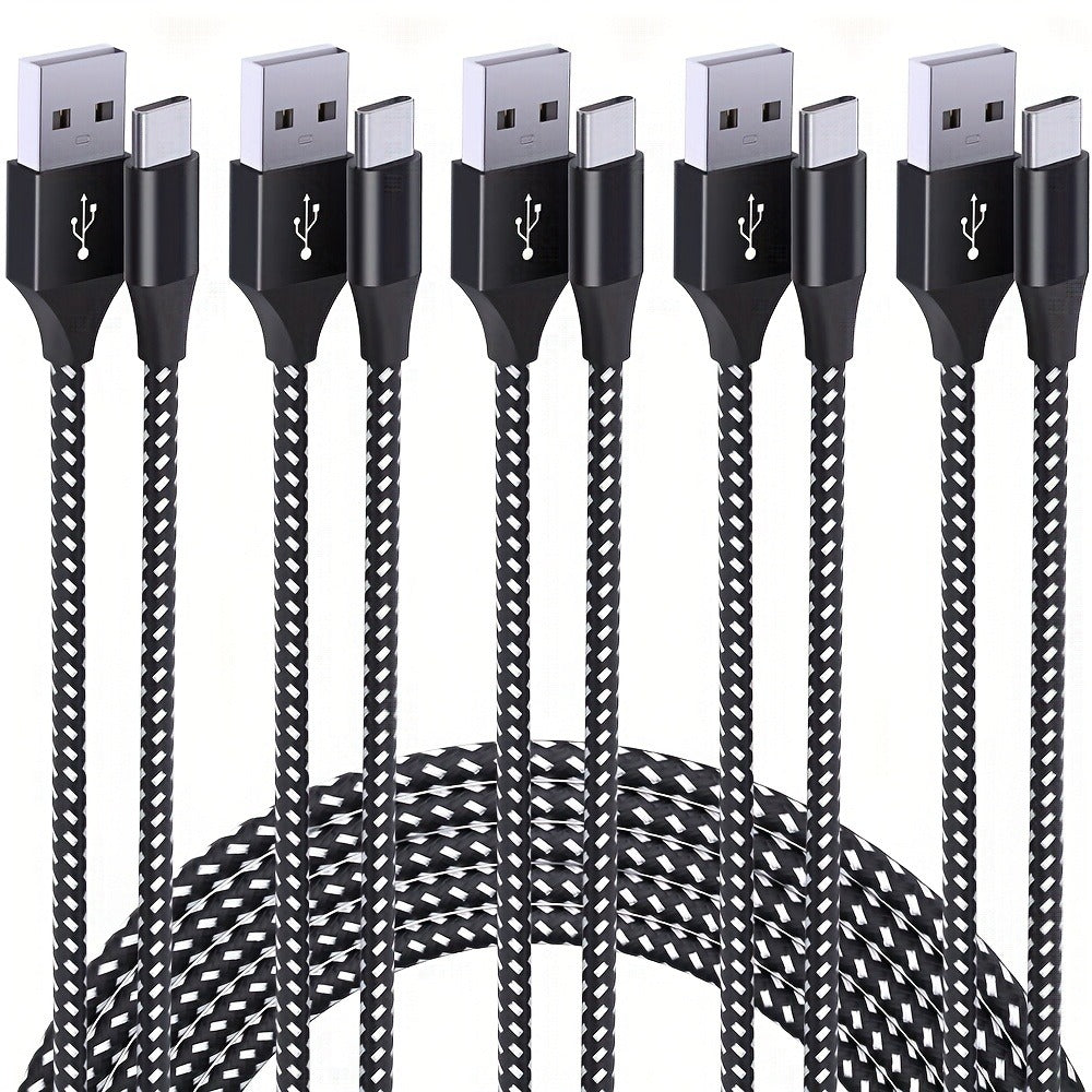 Five-Pack Braided USB-A to USB-C Charging Cables in 3.3, 6.6 and 10 ft Lengths, Black and White