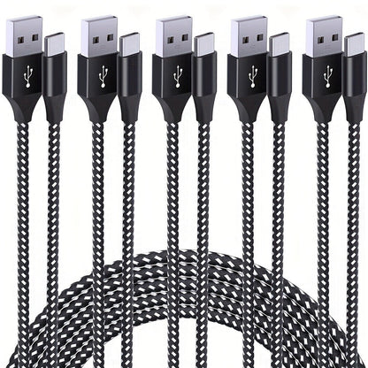 Five-Pack Braided USB-A to USB-C Charging Cables in 3.3, 6.6 and 10 ft Lengths, Black and White
