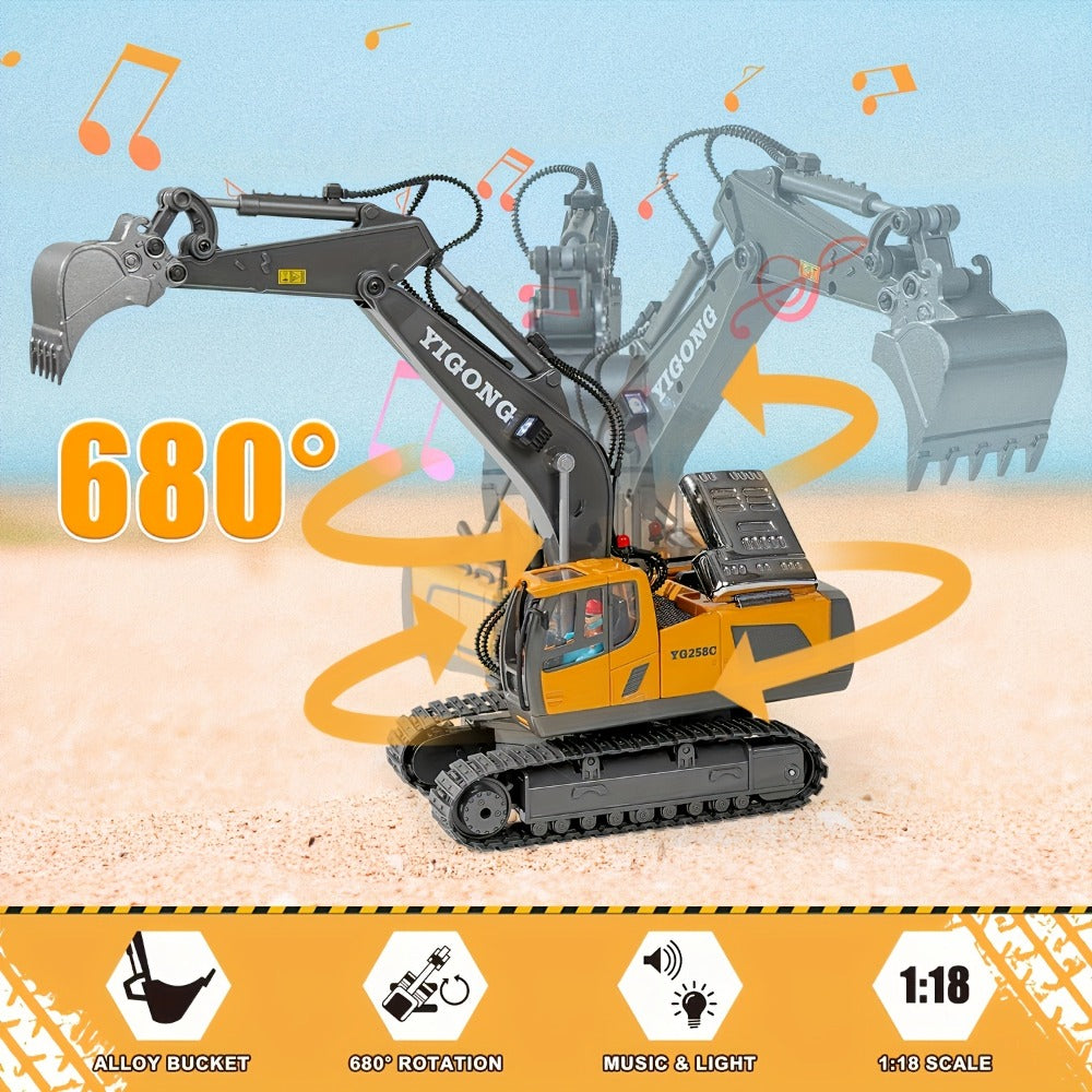 Remote Control Excavator Toy Set for Kids with Metal Shovel Bucket LED Lights & 1200mAh Rechargeable Battery