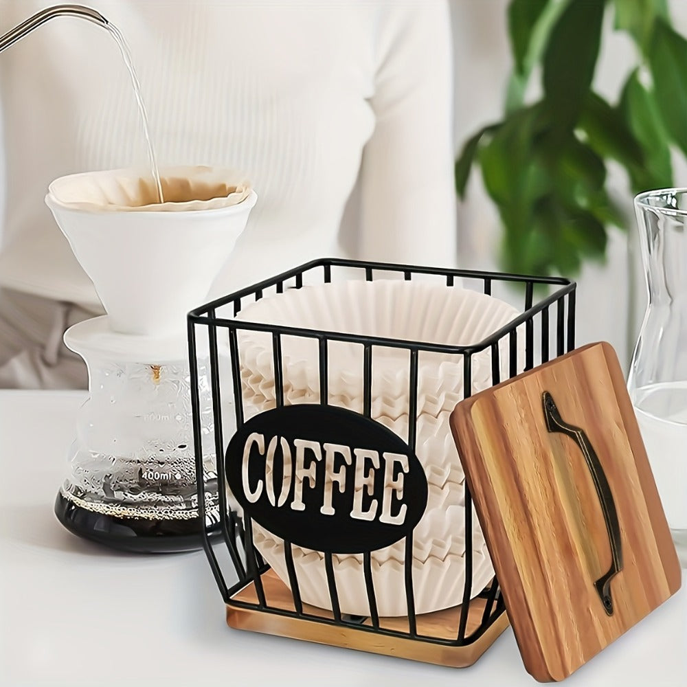 K-Cup Coffee Pod Holder Rack with Lid – Large Capacity Black Metal Square Coffee Capsule Storage Organizer with Wooden Base