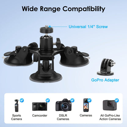Suction Cup Camera Mount with 3 Bases – Universal 360° Ball Head Car Camera Holder for GoPro Hero 10 9 8 7, Action Cameras
