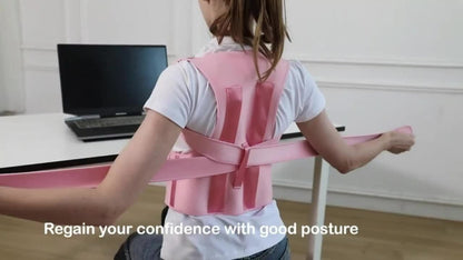 Pink Adjustable Posture Brace with Crossed Waist Straps and Five Labeled Fit Options from S to 3XL
