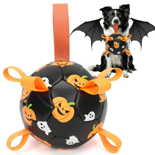 Halloween Dog Ball Toy with Pump – Football Shaped Chew Ball for Dogs, Pumpkin Ghost Design, Durable Rubber Fetch Toy