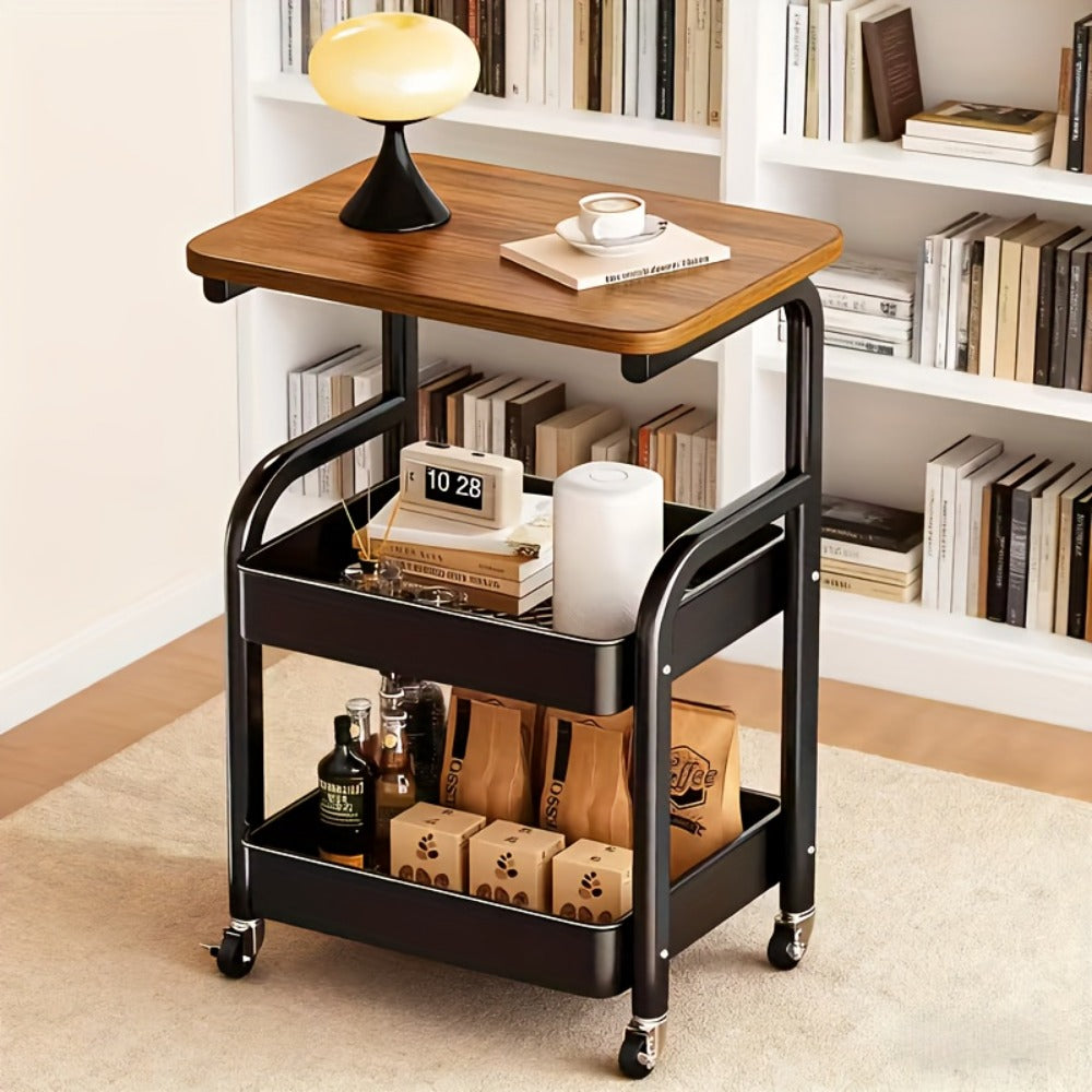 Storage Trolley with Wheels 3-Tier Wooden Tabletop Rolling Cart – Reinforced Black Metal Frame, Locking Casters