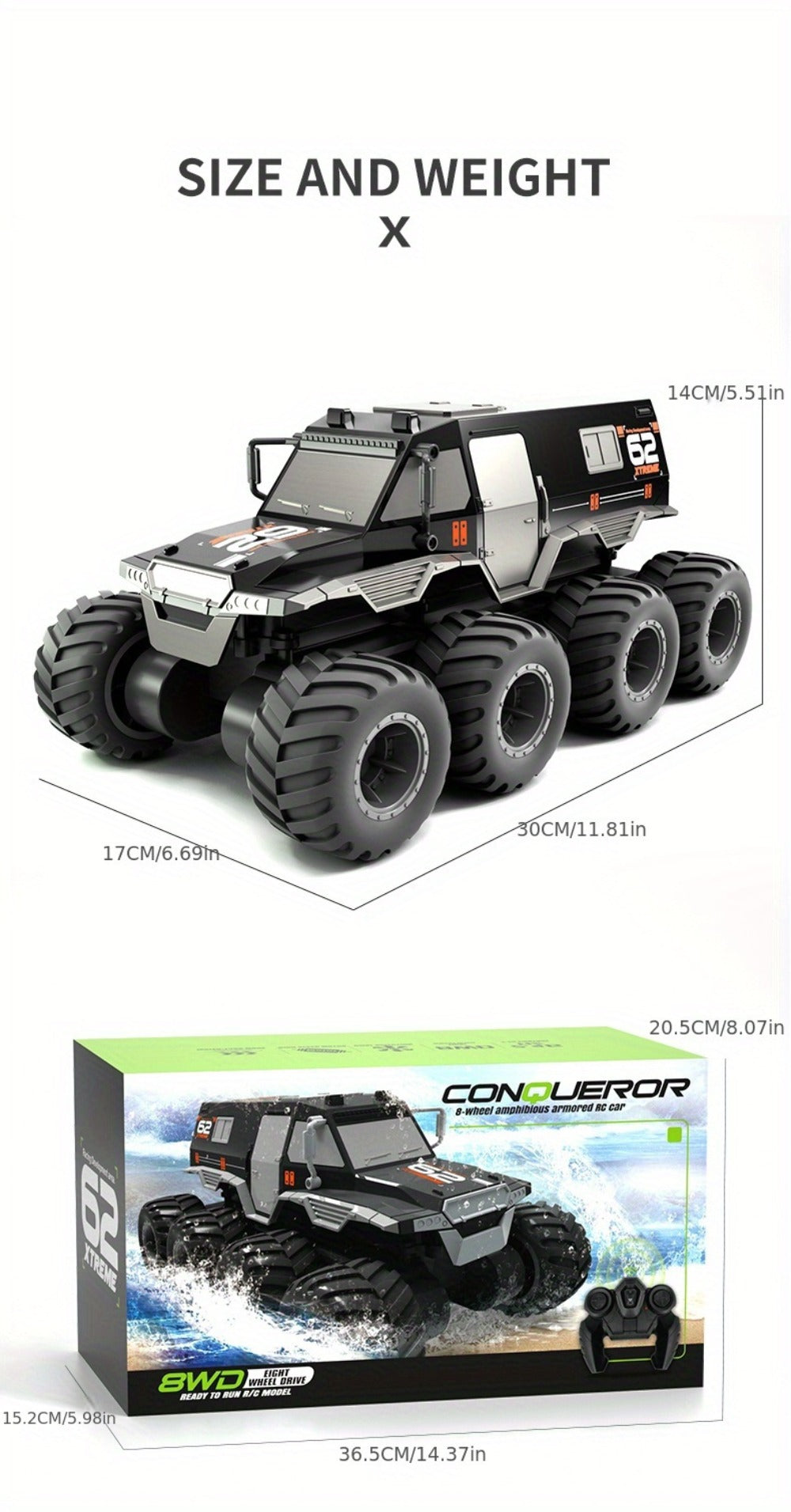 Amphibious RC Truck 8-Wheel Drive 4-Motor Off-Road Climbing Remote Control Armored Vehicle, Oversized Land & Water Military Truck Toy