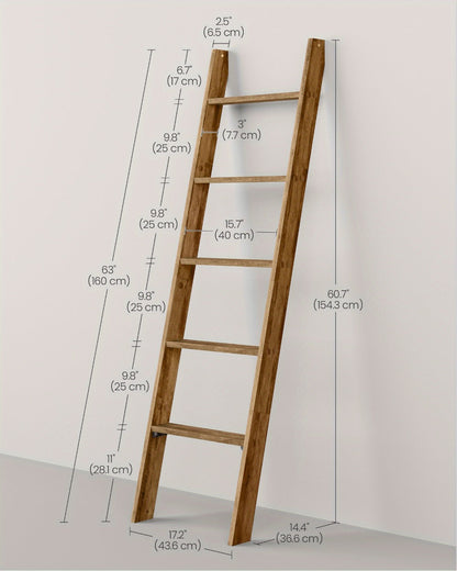 Blanket Ladder Shelf 5-Tier Freestanding Wood Ladder Rack for Blankets Towels Books Decor for Laundry Rooms, Closets and Home Organization