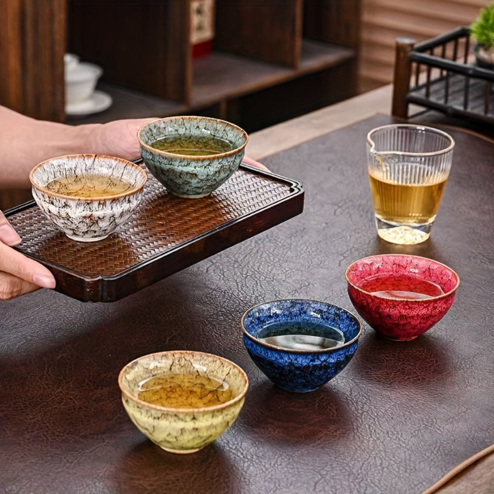 Kung Fu Tea Cups Set of 5 – Handmade Kiln-Fired Jianzhan Ceramic Teacups – Five-Element Design in 5 Colors with Gift Box