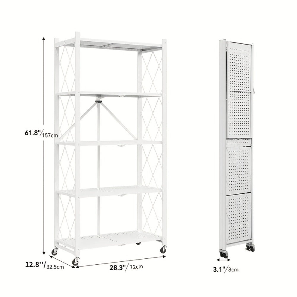 Storage Rack 3-5 Tier Foldable Shelving Unit with Wheels – Portable Multi-Layer Floor Standing Utility Shelf Organizer for Bedroom Closet