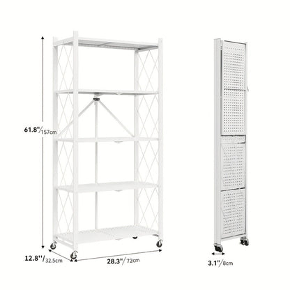 Storage Rack 3-5 Tier Foldable Shelving Unit with Wheels – Portable Multi-Layer Floor Standing Utility Shelf Organizer for Bedroom Closet